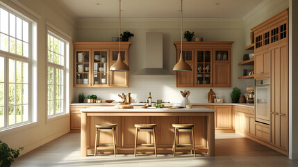 This image shows a bright kitchen with wooden cabinets, large windows, an island with stools, and modern appliances for a cozy living space.