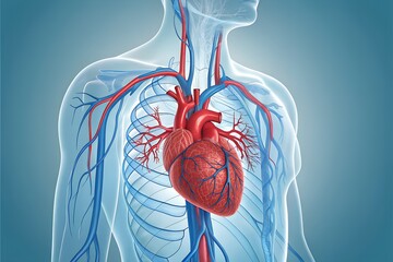 Anatomy of the human heart and circulatory system. A detailed medical illustration of the cardiovascular system showing arteries, veins, and blood flow.
AI-generated image, 