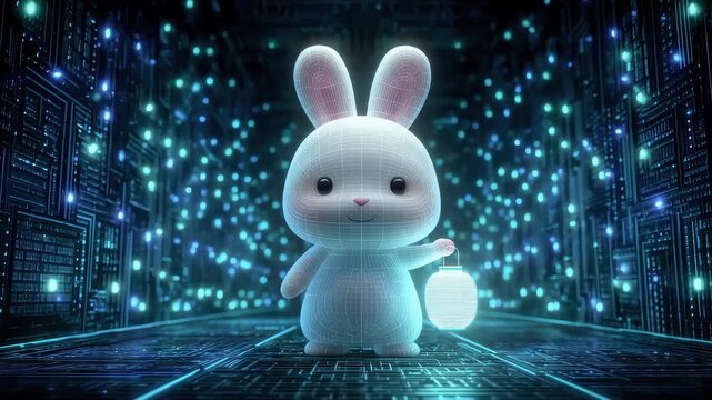 Cyberpunk Rabbit Carrying Lantern Navigating Digital Space