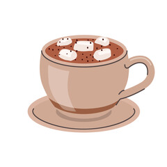 Cup of hot chocolate with marshmallows served on a saucer in cozy hand drawn style on white background