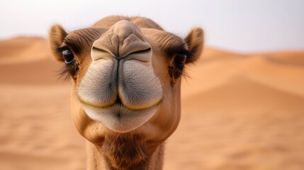 Close-up Portrait of a Curious Camel in the Desert
