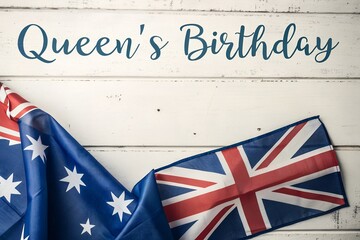 AI-generated image, Happy Queen's Birthday in Australia! A patriotic celebration featuring the Australian flag on a rustic white wood background. A national public holiday.
