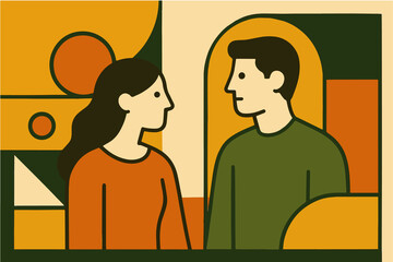 Flat Retro 70s Vector Illustration with Geometric Shapes and Mustard Yellow Palette