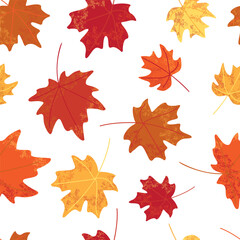 Seamless pattern of colorful autumn maple leaves in red orange and yellow tones scattered on a white background