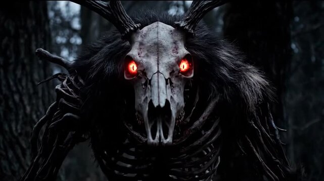 Wendigo Emerging from the Dark Forest - A terrifying wendigo, a creature of Native American folklore, peers from a shadowy forest with glowing red eyes.