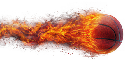 Basketball on fire with flames and smoke, isolated on transparent background