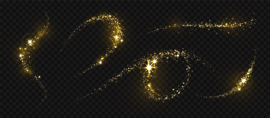 Sparkle trails. Magic light, gold star glitter, golden dust, shining trail. Wave yellow glow, swirl line with sparks and flare, twinkle particles flow. Luxury border vector set © Frogella.stock