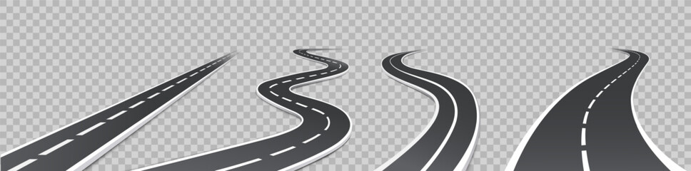 Road, winding highway. 3d asphalt path, car traffic curved way in perspective, journey pathway. Realistic race track, abstract street, speedway transport concept, infographics. Vector set. © Frogella.stock