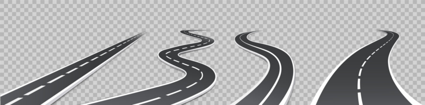 Road, winding highway. 3d asphalt path, car traffic curved way in perspective, journey pathway. Realistic race track, abstract street, speedway transport concept, infographics. Vector set.