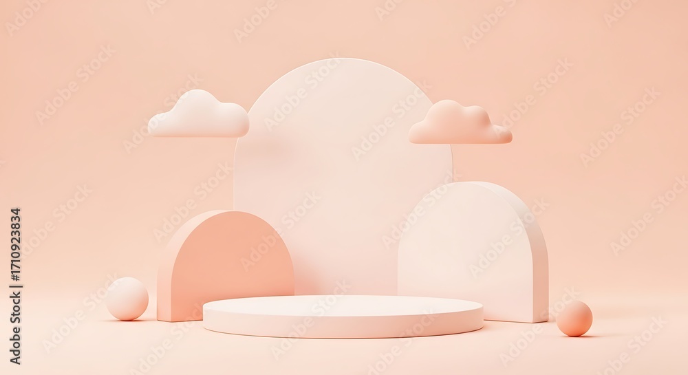 Poster a serene 3d rendering showcases a minimalist scene with a circular podium as the focal point, comple