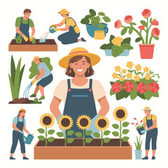 People Gardening and Planting Flowers Outdoors Illustration