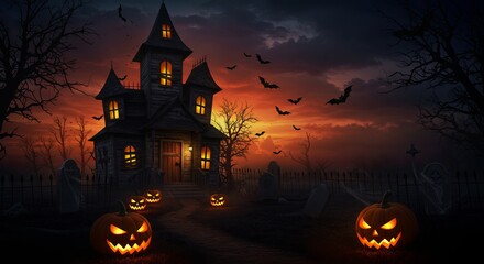 Spooky Halloween Night Haunted House, Jack-o'-lanterns, and Flying Bats