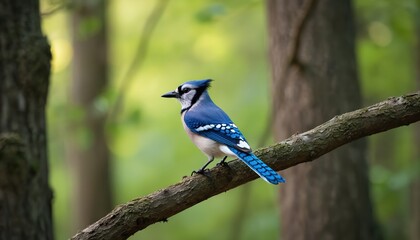 Beautiful blue jay bird sits on tree branch in forest. Colorful wild bird in natural habitat. Wildlife fauna, nature animal. Close-up of bird in a tree.