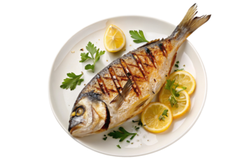Grilled fish served with fresh lemon slices on a white plate garnished beautifully for a healthy meal