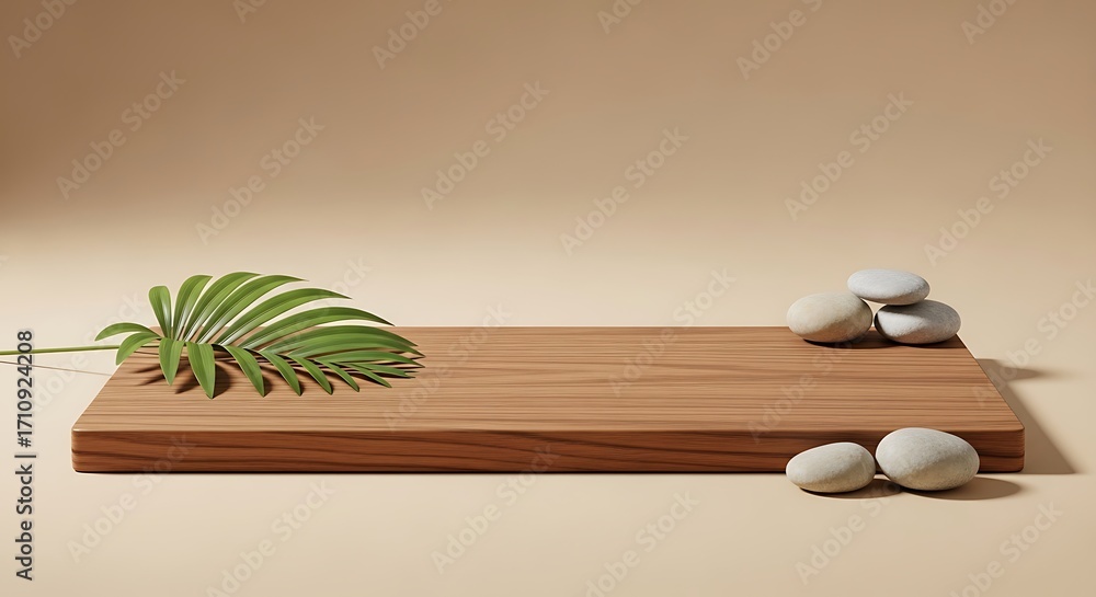 Poster a wooden platform adorned with smooth stones and a vibrant green leaf, creating a serene and natural