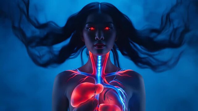 Glowing Krasue Spirit Woman in Night Fog - A digital video of a woman transforming into a Krasue spirit, her internal organs glowing red and blue against a dark blue foggy background.