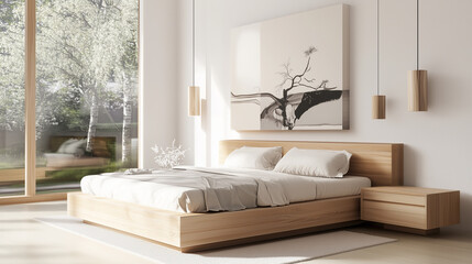 Ai modern minimalist bedroom with large windows and natural light in a serene setting