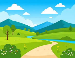 Fototapeta premium Vibrant Springtime Meadow Landscape with Winding River and Mountains