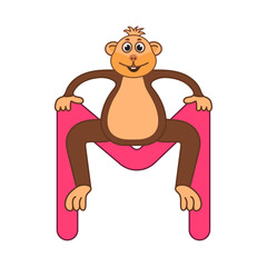 Funny monkey cartoon sitting on letter M vector illustration