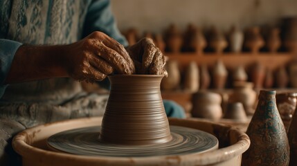 Expert potter skillfully shaping clay bowl during traditional crafting session in a workshop