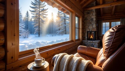 Cozy cabin interior with winter forest view and warm fireplace scene