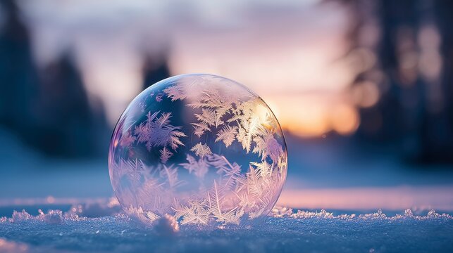 Frozen bubble with intricate frost patterns illuminated by sunset in a snowy landscape