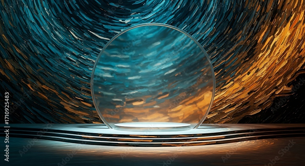 Poster a mesmerizing sphere reflects a swirling vortex of contrasting colors, with blue and orange hues ble