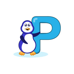 Cute penguin cartoon with letter P vector illustration