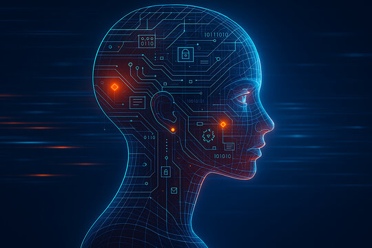 A side profile of a human head with a circuit board and binary code design, representing the integration of artificial intelligence and the human mind