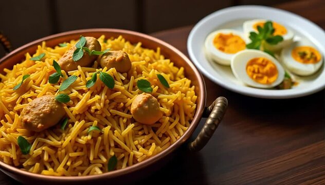 Traditional chicken biryani served in copper handi with raita and boiled eggs on side 