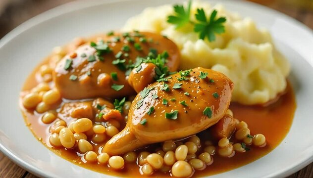Traditional chicken marsala served hot with creamy mashed potatoes and fresh parsley garnish 