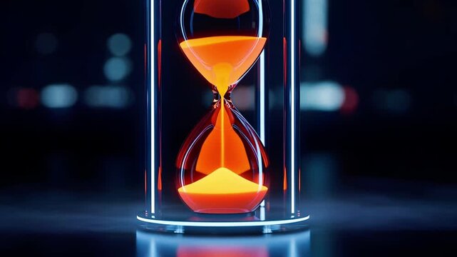 Futuristic hourglass with bright orange sand falling against a dark background. Representing limited time. 4K.