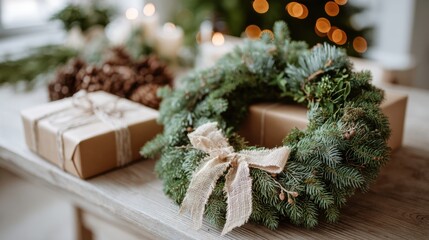 DIY Christmas gift sets and wreath making kits on a table during festive season preparations