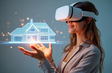 Woman uses VR headset. Girl watches virtual reality home model on hands. Lady wears a visual reality glasses. Tech innovation house project. New technologies for real estate business.