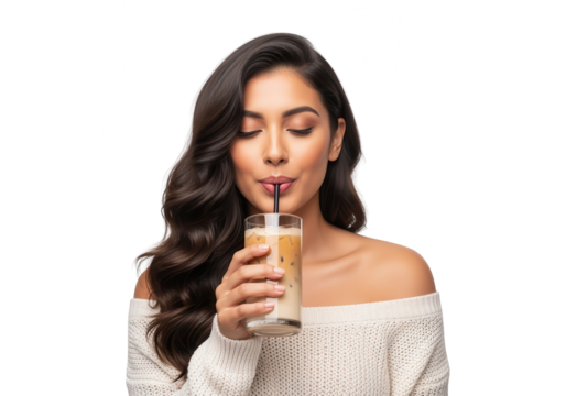 Woman Enjoying Iced Coffee with Straw on White Background