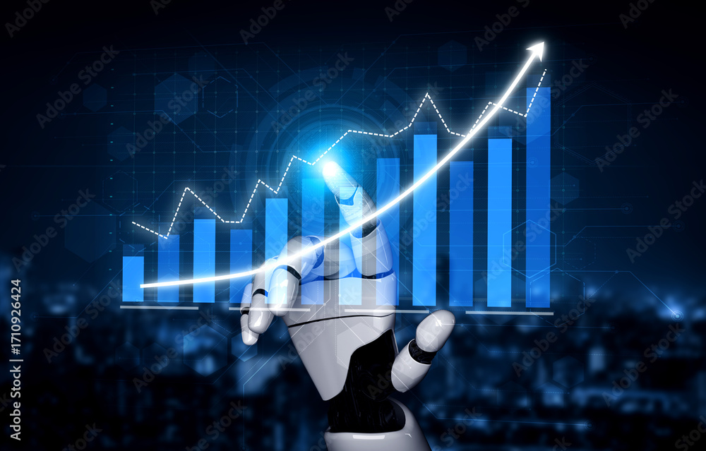 Poster a robotic hand showcasing a data visualization of business growth with a rising graph in a high-tech