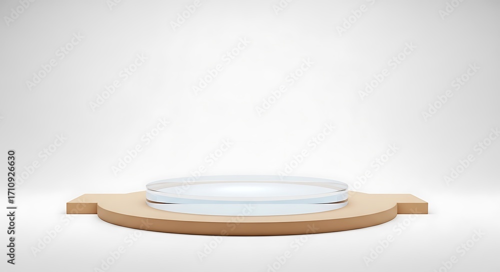 Poster a minimalist product display featuring a circular wooden platform with a sleek, white, discshaped ob