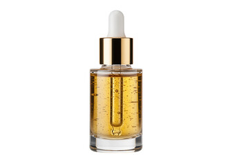 Golden Serum in Clear Glass Bottle with Dropper on White Background. Luxurious Beauty Treatment. Cosmetic Product Close-up. Skincare Routine Concept.