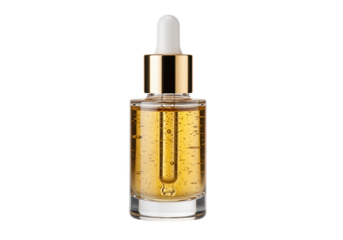 Golden Serum in Clear Glass Bottle with Dropper on White Background. Luxurious Beauty Treatment. Cosmetic Product Close-up. Skincare Routine Concept.