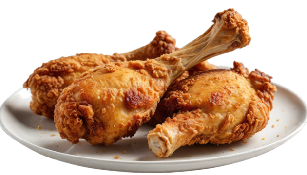 Close Up of Crispy Fried Chicken Legs with Bone Exposed isolated on a transparent background