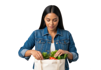 Woman Putting Fresh Produce into Reusable Shopping Bag on White