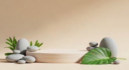 A serene product display featuring a wooden podium adorned with smooth grey stones and lush green leaves, bathed in soft, natural light against a calming beige backdrop, creating a zen atmosphere