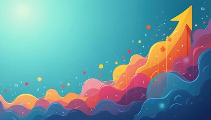 Fototapeta premium Vibrant abstract illustration of upward growth trend. Colorful wavy lines rise to yellow arrow on blue background with stars and dots. Business success concept with rising chart.