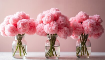 Obraz premium Three glass vases display delicate pink fluffy flowers. Green stems rise from the water. Soft pink background complements the floral arrangement. Beautiful flowers in a gentle scene.