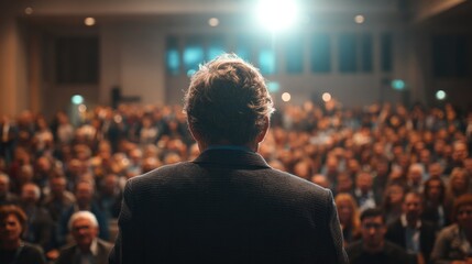 Mature adult male speaker in crowded business audience gives speech. Man is on commercial conference session. Lecture in exposition hall