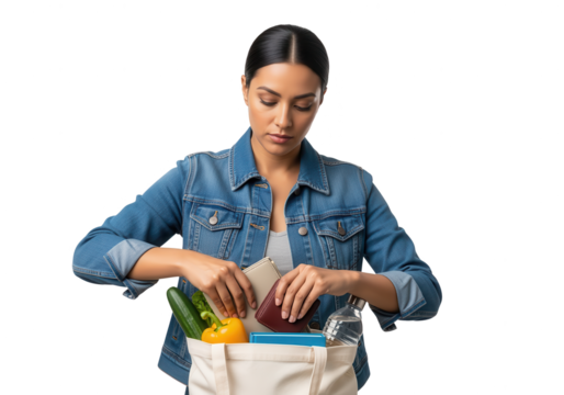 Woman Packing Groceries in a Tote Bag on White - Powered by Adobe