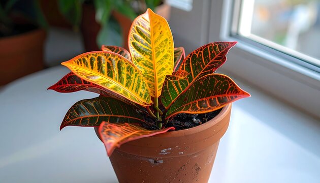 A vibrant croton plant sits in a terracotta pot on a windowsill, its colorful leaves contrasting with the neutral backdrop