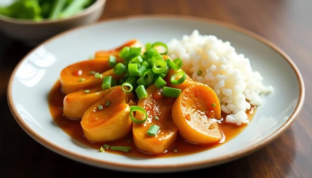 Traditional Chinese egg foo young served on plate with steamed rice and green onions 