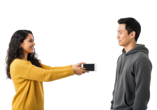 Woman Giving Smartphone to Man on White Background