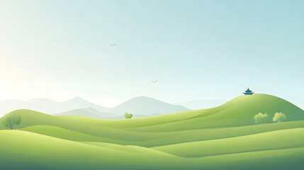 Obraz premium A peaceful green landscape featuring rolling hills, a distant pagoda, clear sky, and flying birds, showcasing natural beauty.